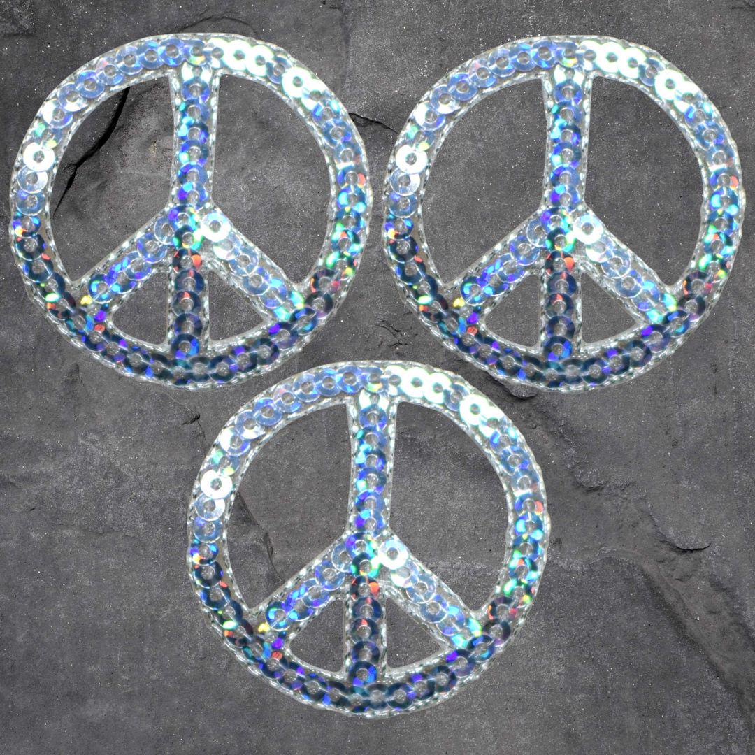 Peace Sign Patch Set - Silver, Sequin, 3 Pack, World Peace, Applique (Iron On)