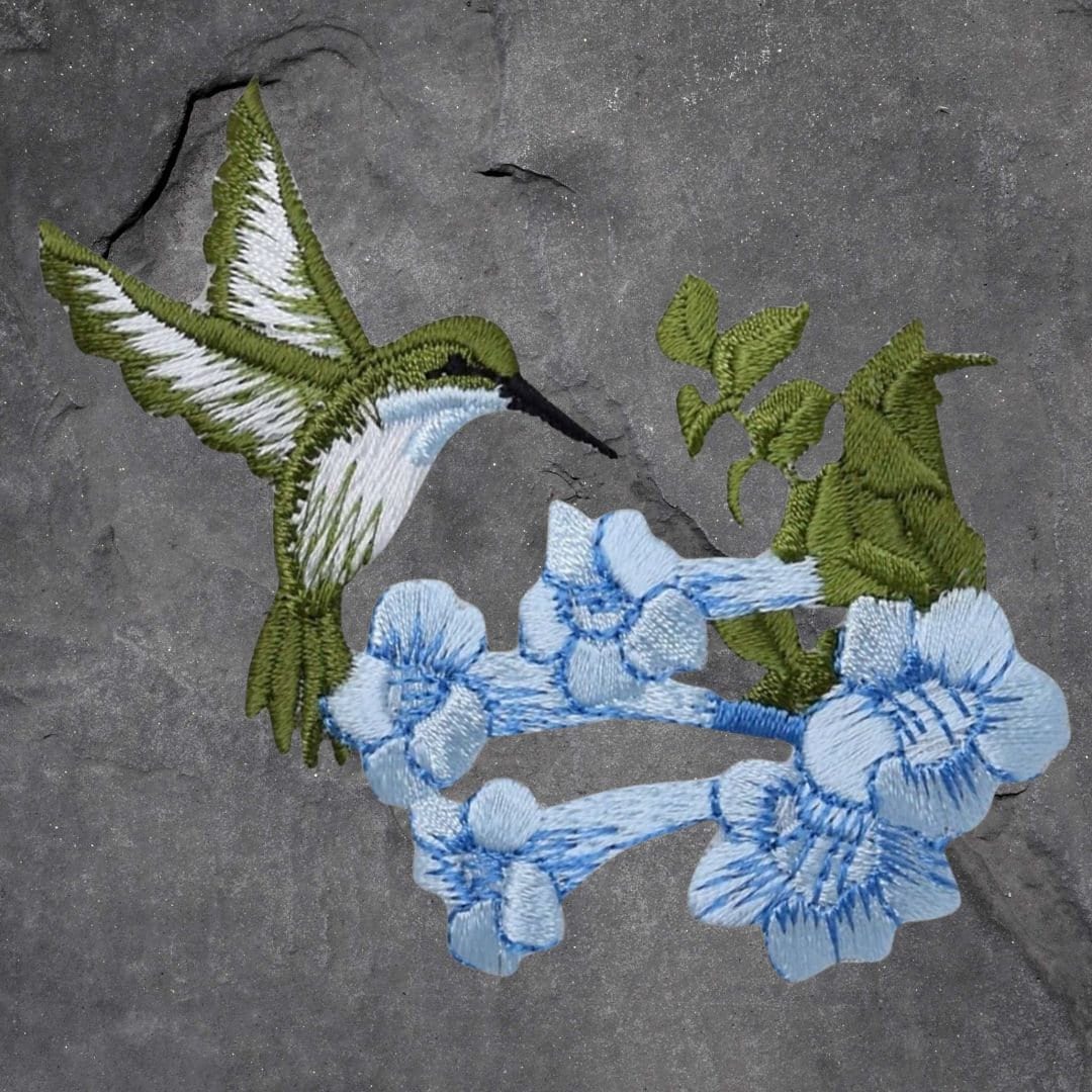 Hummingbird Patch Set - Bird, Flowers, Green, White, Applique (Iron On)