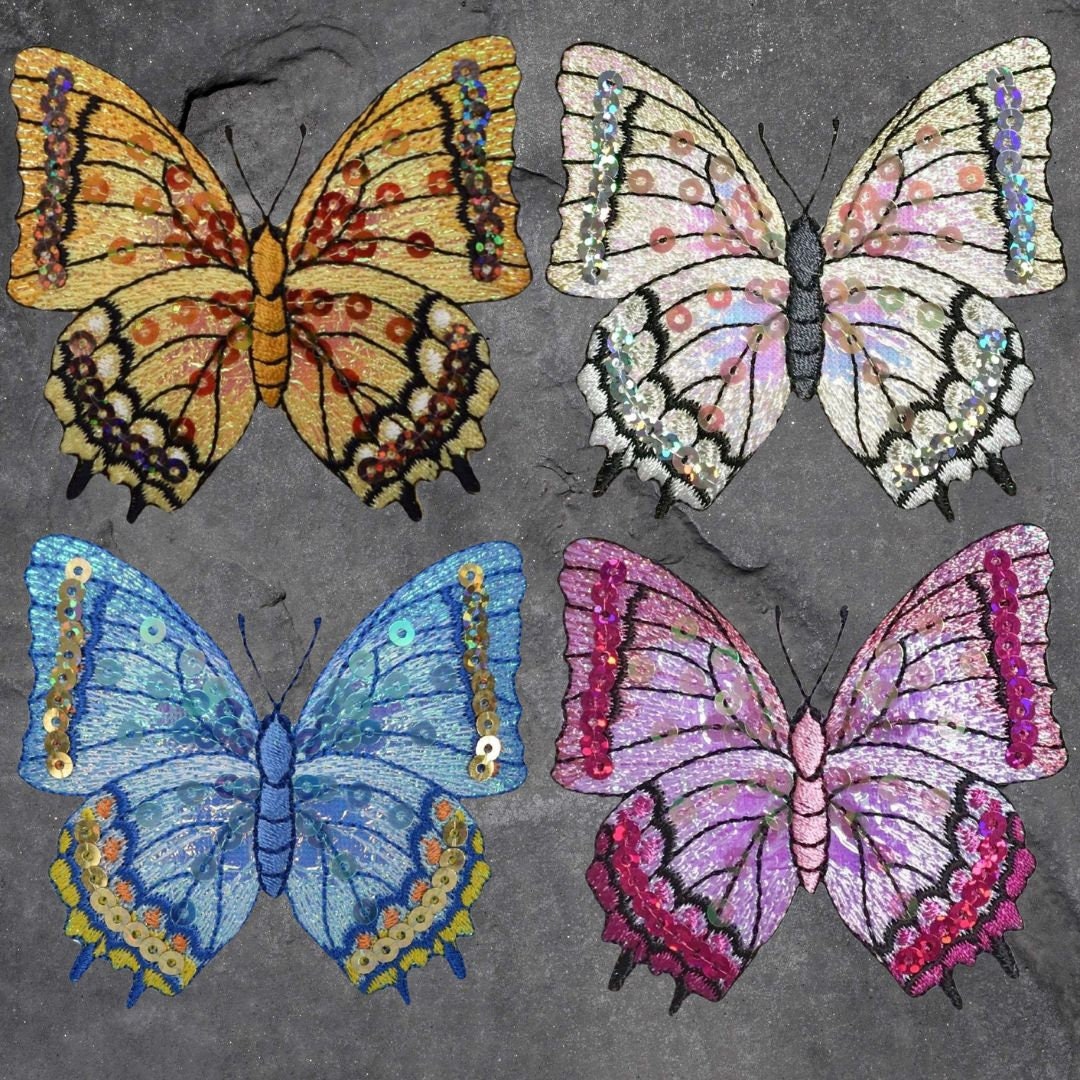 Sequin Butterfly Patch Set - Insect, Yellow, White, Blue, Purple, Applique (Iron On)