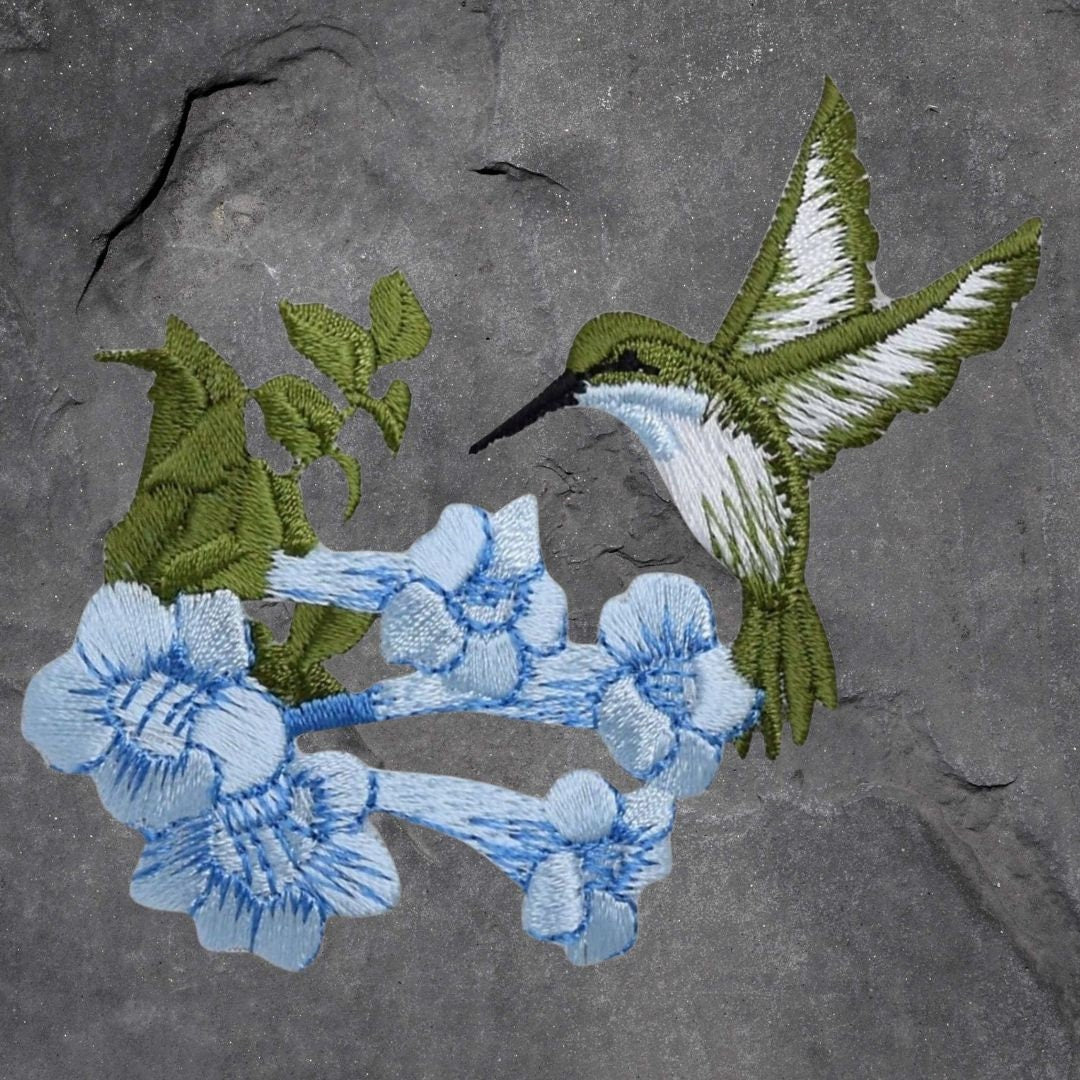 Hummingbird Patch Set - Bird, Flowers, Green, White, Applique (Iron On)