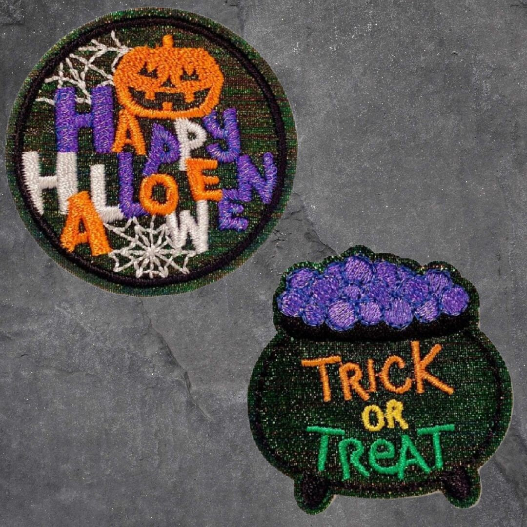 Halloween Patch Set - Trick or Treat, Jack O Lantern, Cauldron, Spider (Iron On)